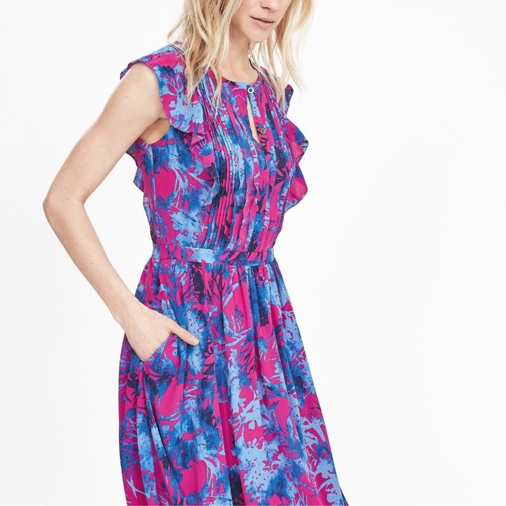 Banana Republic Pink and Blue Floral Midi Dress Size 14